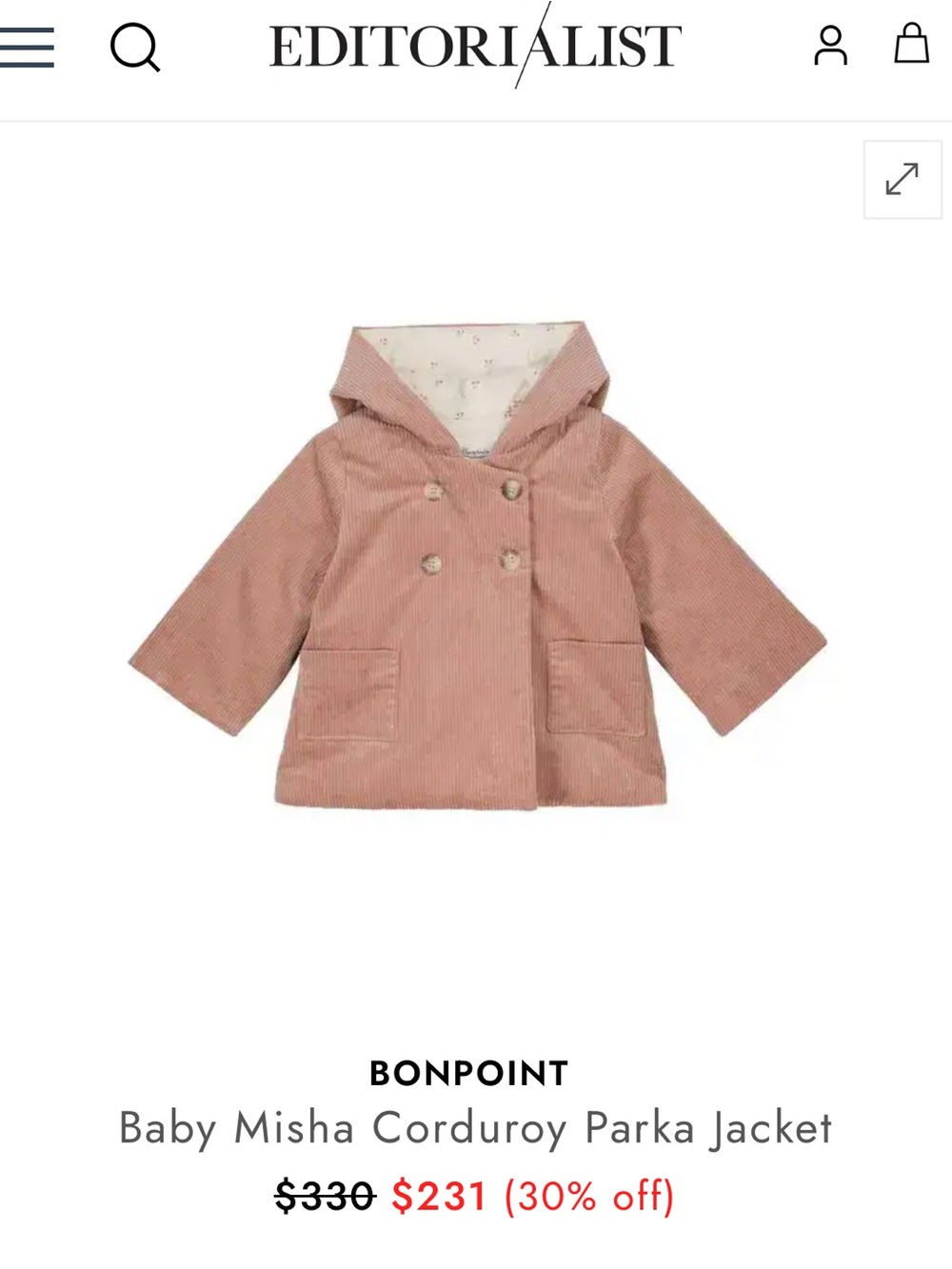 Bonpoint Dusty Pink Corduroy Hooded Winter Jacket